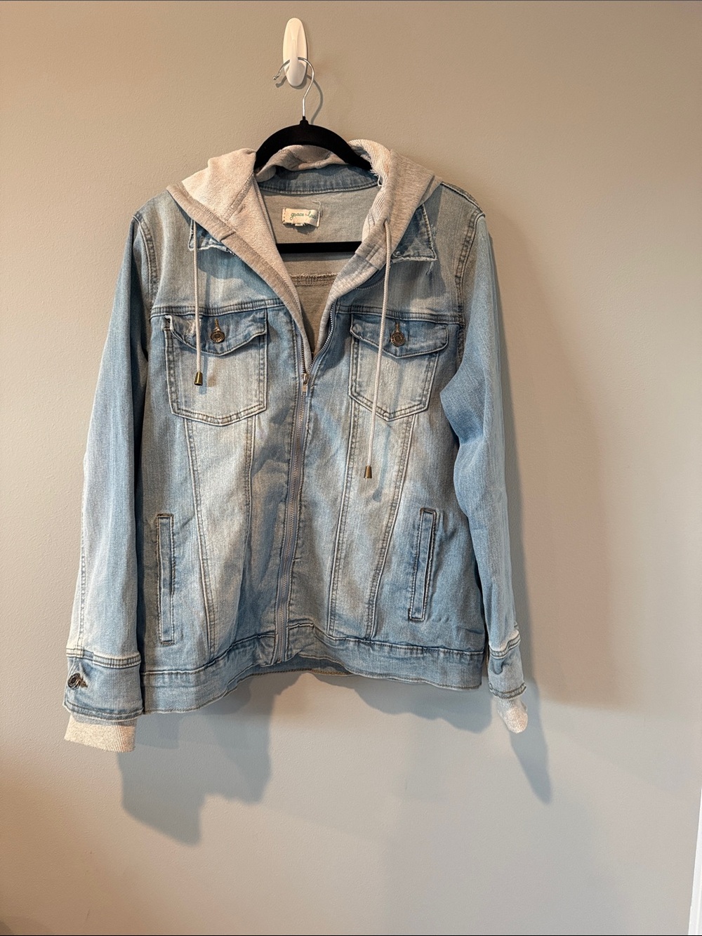 Grace & Lace light blue denim jacket with heather gray accents